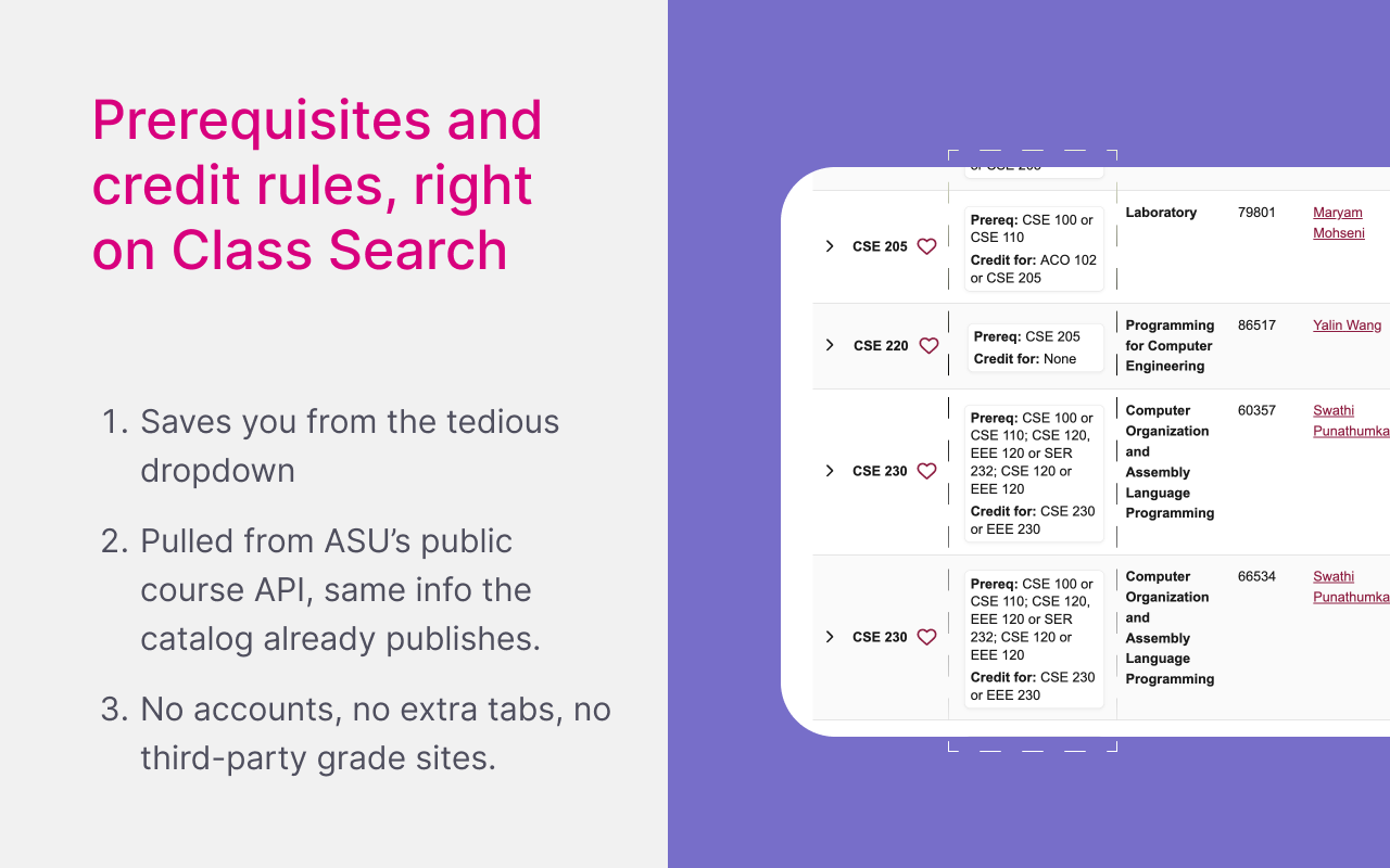 Class Search view showing prerequisites and credit rules beside courses without opening dropdowns