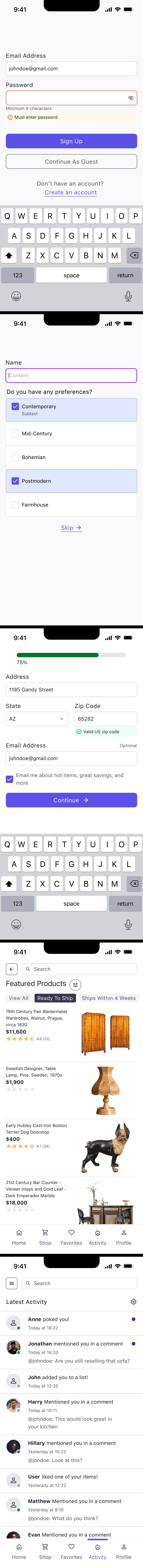 A stack of mobile app screens from the design system in use: sign-up flow, onboarding preferences, checkout with address form, a product listing feed, and an activity feed.