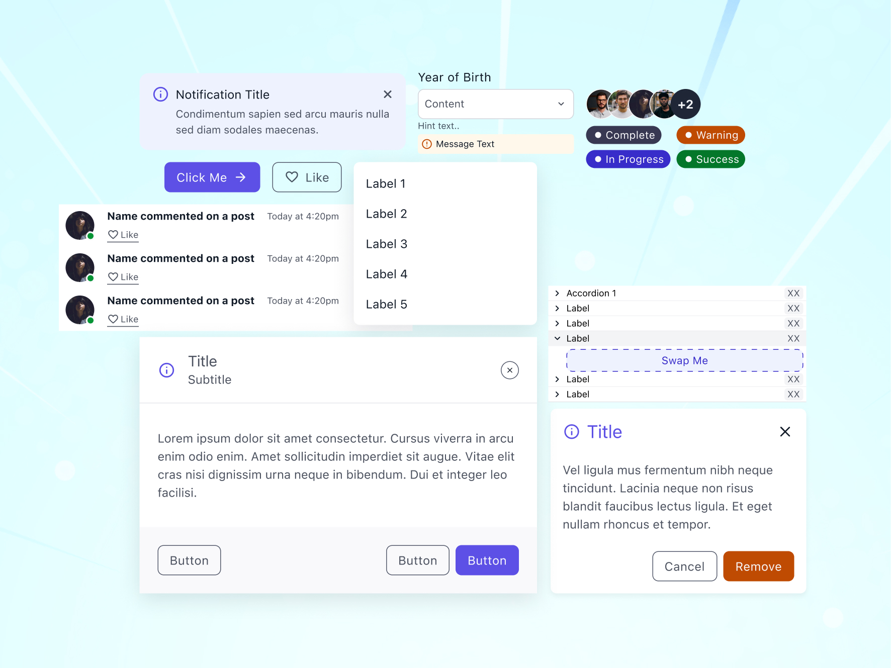 A grid of UI components from the design system: notifications, dropdowns, buttons, badges, an activity feed, an accordion list, and modal dialogs.