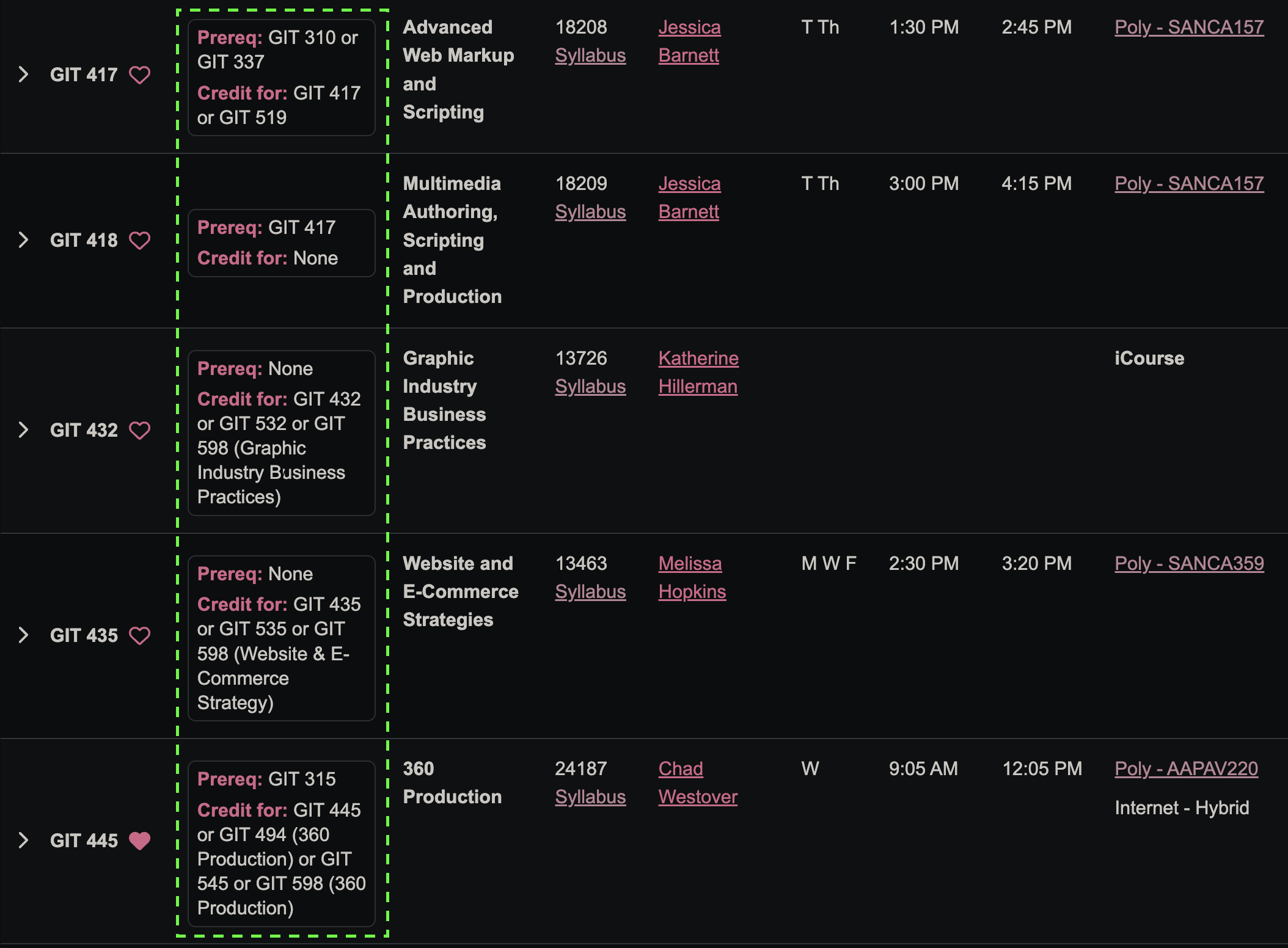 ASU Class Search with the extension's injected cards next to each course row, showing prerequisite and credit-for information for classes like GIT 417, GIT 418, and GIT 445.