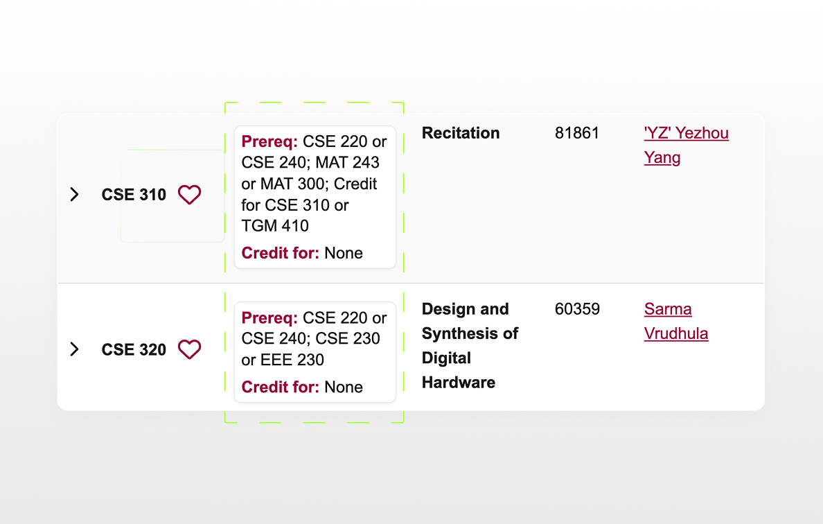 Course listing for CSE 310 and CSE 320 with prerequisite and credit-for details shown beside each row.